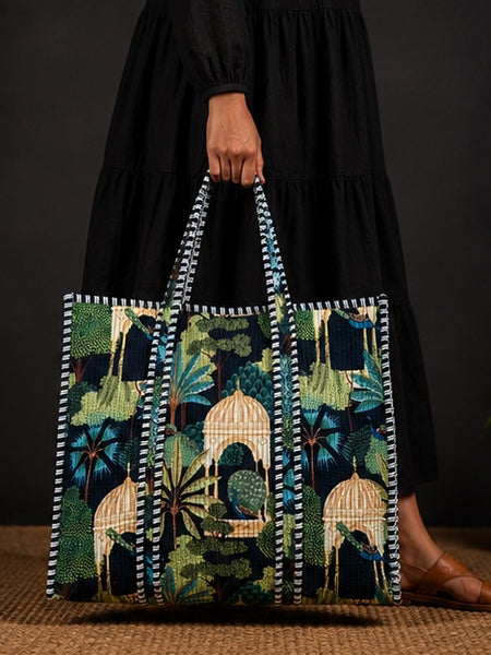 Handmade Reversible Cotton Tote Bag | Green Quilted Design - kraafty-com