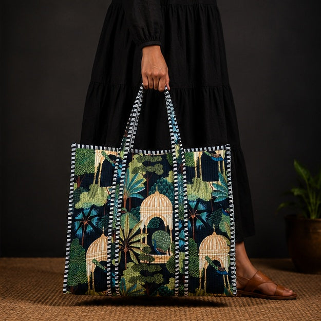 Handmade Reversible Cotton Tote Bag | Green Quilted Design - kraafty-com