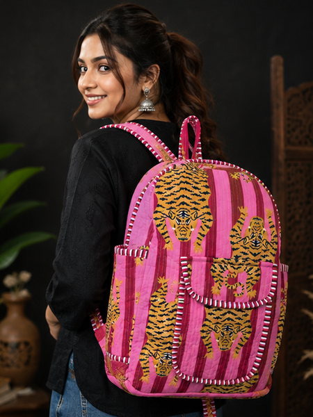 Cotton Quilted Animal Pink Backpack | Eco-Friendly Handmade Indian Tote - kraafty-com