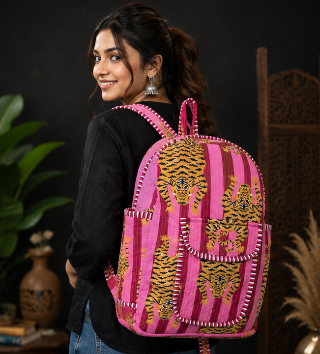 Cotton Quilted Animal Pink Backpack | Eco-Friendly Handmade Indian Tote - kraafty-com