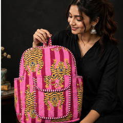 Cotton Quilted Animal Pink Backpack | Eco-Friendly Handmade Indian Tote - kraafty-com