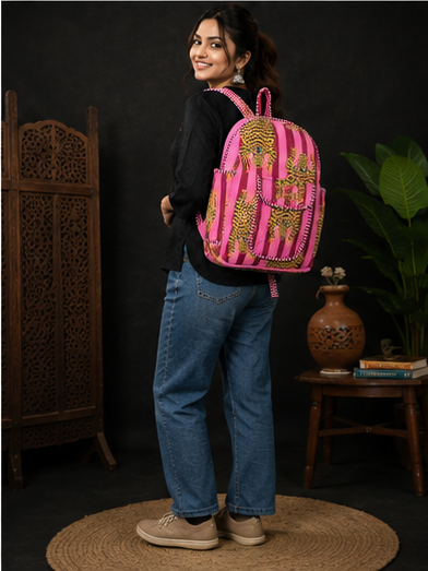 Cotton Quilted Animal Pink Backpack | Eco-Friendly Handmade Indian Tote - kraafty-com