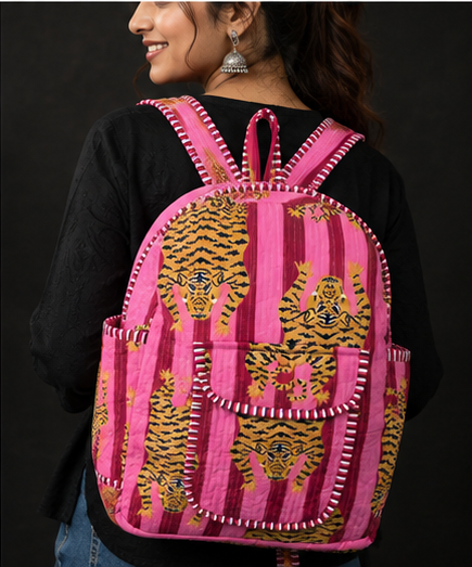 Cotton Quilted Animal Pink Backpack | Eco-Friendly Handmade Indian Tote - kraafty-com