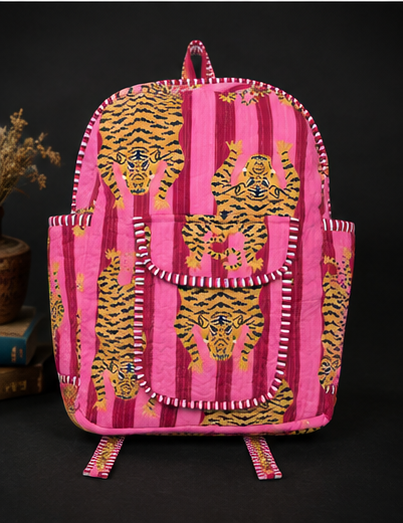 Cotton Quilted Animal Pink Backpack | Eco-Friendly Handmade Indian Tote - kraafty-com