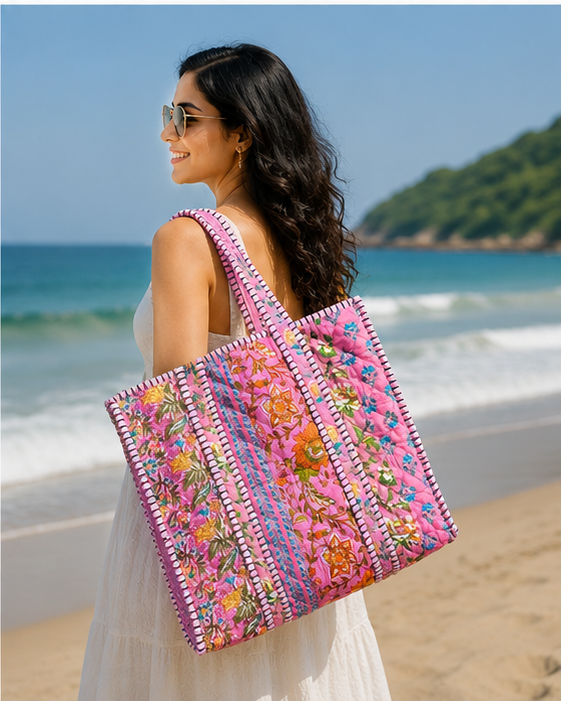 Handmade Quilted Tote Bag | 100% Velvet, Reversible, Beach & Grocery Bag - kraafty-com