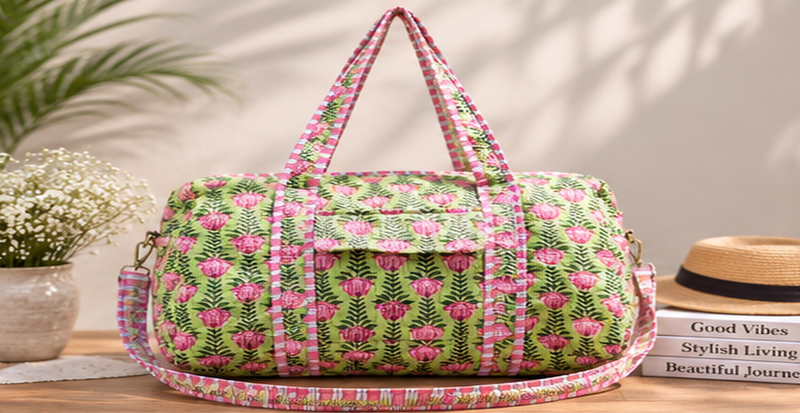 Quilted Cotton Tote Boho Floral Duffle for Yoga, Beach, green bag & Everyday Use - kraafty-com