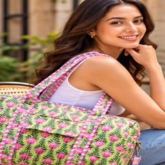 Quilted Cotton Tote Boho Floral Duffle for Yoga, Beach, green bag & Everyday Use - kraafty-com