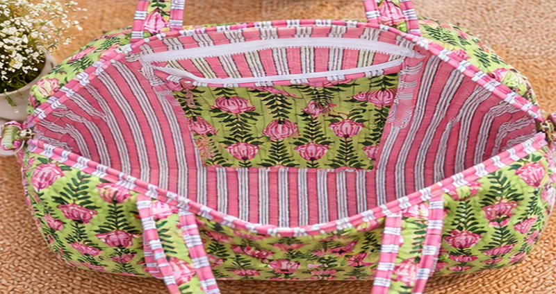 Quilted Cotton Tote Boho Floral Duffle for Yoga, Beach, green bag & Everyday Use - kraafty-com