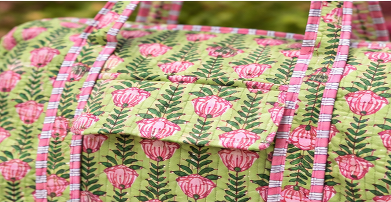 Quilted Cotton Tote Boho Floral Duffle for Yoga, Beach, green bag & Everyday Use - kraafty-com