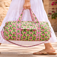 Quilted Cotton Tote Boho Floral Duffle for Yoga, Beach, green bag & Everyday Use - kraafty-com