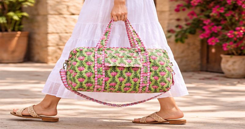 Quilted Cotton Tote Boho Floral Duffle for Yoga, Beach, green bag & Everyday Use - kraafty-com