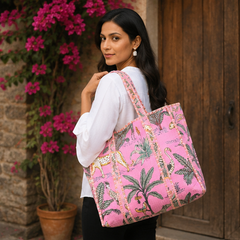 Cotton Tote Bag for Women | Quilted, Reversible & Handmade Beach Pink Tote