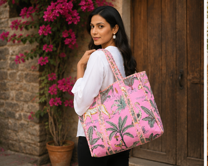Cotton Tote Bag for Women | Quilted, Reversible & Handmade Beach Pink Tote