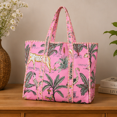 Cotton Tote Bag for Women | Quilted, Reversible & Handmade Beach Pink Tote