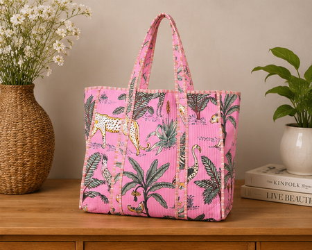 Cotton Tote Bag for Women | Quilted, Reversible & Handmade Beach Pink Tote - kraafty-com