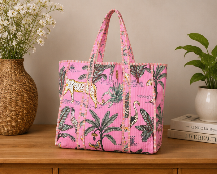 Cotton Tote Bag for Women | Quilted, Reversible & Handmade Beach Pink Tote