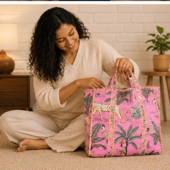 Cotton Tote Bag for Women | Quilted, Reversible & Handmade Beach Pink Tote