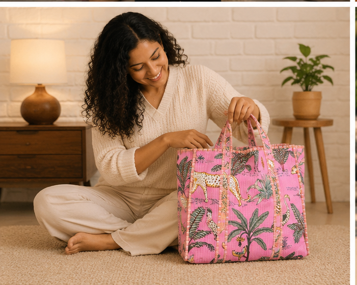 Cotton Tote Bag for Women | Quilted, Reversible & Handmade Beach Pink Tote