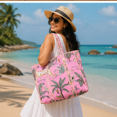Cotton Tote Bag for Women | Quilted, Reversible & Handmade Beach Pink Tote