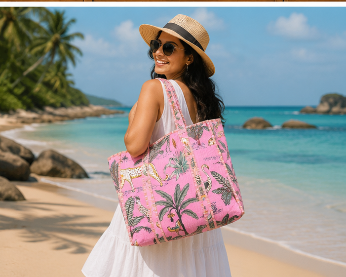 Cotton Tote Bag for Women | Quilted, Reversible & Handmade Beach Pink Tote