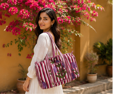 Floral-Printed Quilted Cotton Tote Bag for Women | Reversible Beach Tote | 18x18 Ethnic Pink Bag - kraafty-com