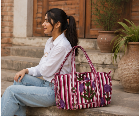 Floral-Printed Quilted Cotton Tote Bag for Women | Reversible Beach Tote | 18x18 Ethnic Pink Bag - kraafty-com