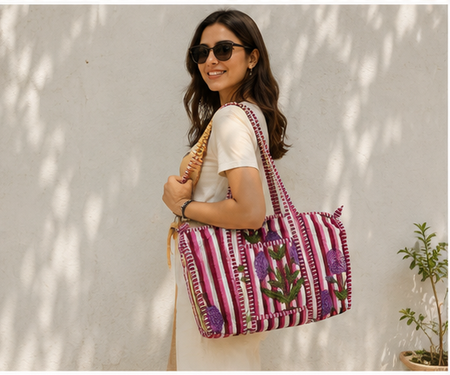 Floral-Printed Quilted Cotton Tote Bag for Women | Reversible Beach Tote | 18x18 Ethnic Pink Bag - kraafty-com