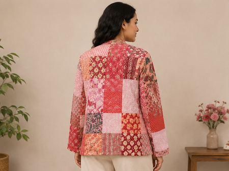 Cotton Kantha Quilt Peach Jacket for Women – Patchwork & Handmade - kraafty-com