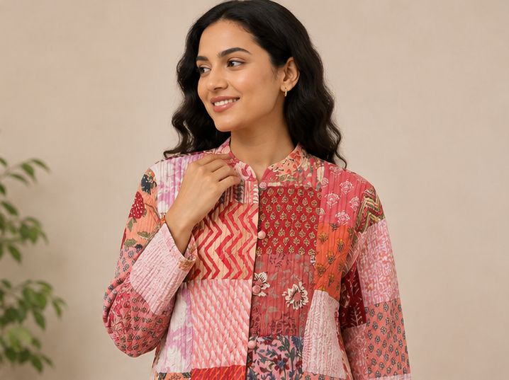 Cotton Kantha Quilt Peach Jacket for Women – Patchwork & Handmade - kraafty-com