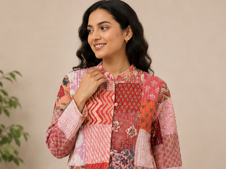 Cotton Kantha Quilt Peach Jacket for Women – Patchwork & Handmade - kraafty-com