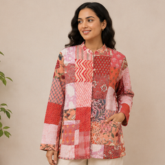 Cotton Kantha Quilt Peach Jacket for Women – Patchwork & Handmade - kraafty-com