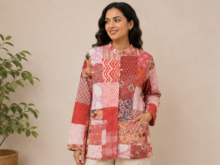 Cotton Kantha Quilt Peach Jacket for Women – Patchwork & Handmade - kraafty-com