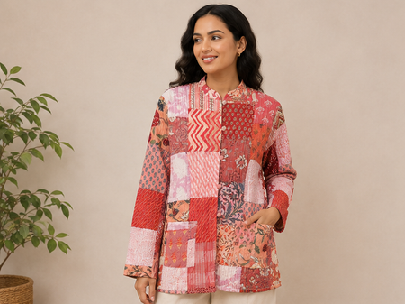 Cotton Kantha Quilt Peach Jacket for Women – Patchwork & Handmade - kraafty-com