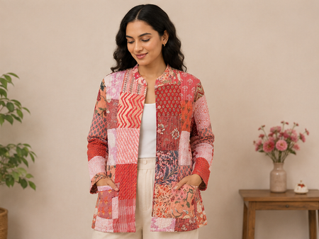 Cotton Kantha Quilt Peach Jacket for Women – Patchwork & Handmade - kraafty-com