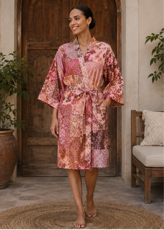 Vintage Kantha Kimono Robe — Handmade Cotton Dressing Red Gown
