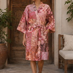 Vintage Kantha Kimono Robe — Handmade Cotton Dressing Red Gown