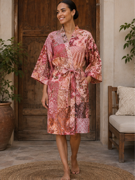 Vintage Kantha Kimono Robe — Handmade Cotton Dressing Red Gown