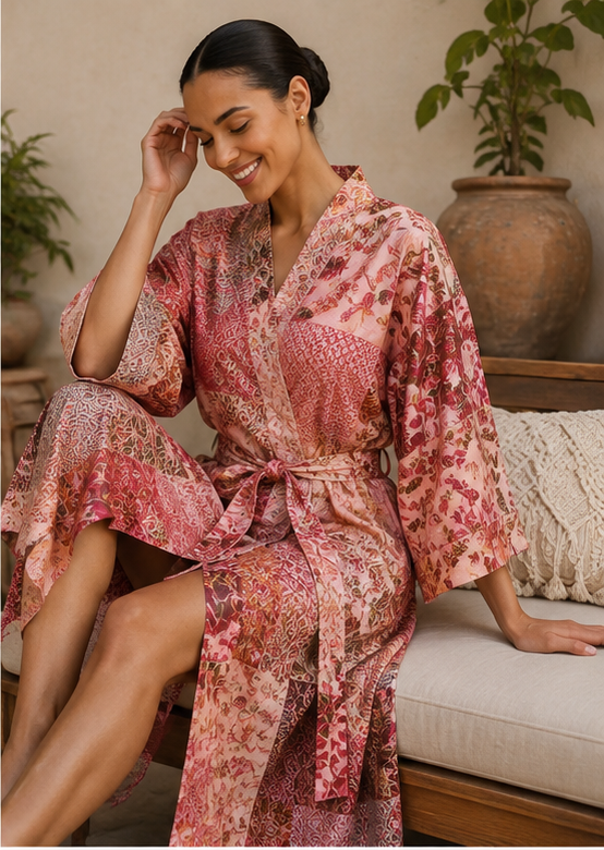 Vintage Kantha Kimono Robe — Handmade Cotton Dressing Red Gown