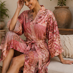 Vintage Kantha Kimono Robe — Handmade Cotton Dressing Red Gown