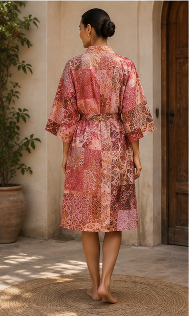 Vintage Kantha Kimono Robe — Handmade Cotton Dressing Red Gown