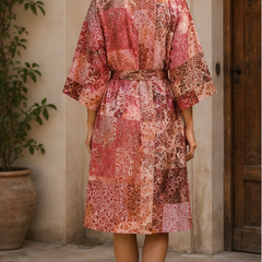 Vintage Kantha Kimono Robe — Handmade Cotton Dressing Red Gown