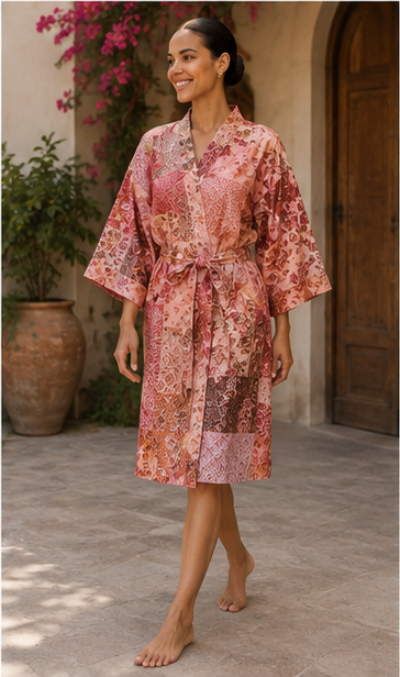 Vintage Kantha Kimono Robe — Handmade Cotton Dressing Red Gown