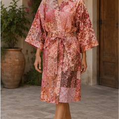 Vintage Kantha Kimono Robe — Handmade Cotton Dressing Red Gown