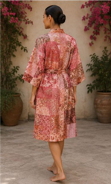 Vintage Kantha Kimono Robe — Handmade Cotton Dressing Red Gown
