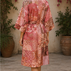 Vintage Kantha Kimono Robe — Handmade Cotton Dressing Red Gown