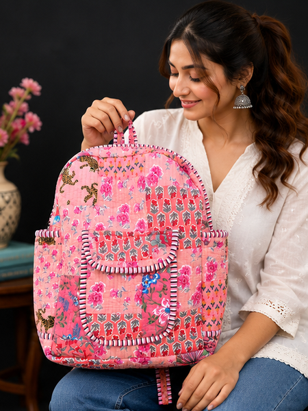 Handcrafted Cotton Patchwork Tote Bag – Quilted Peach Printed Backpack - kraafty-com