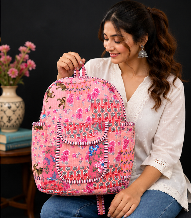 Handcrafted Cotton Patchwork Tote Bag – Quilted Peach Printed Backpack - kraafty-com