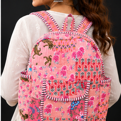 Handcrafted Cotton Patchwork Tote Bag – Quilted Peach Printed Backpack - kraafty-com