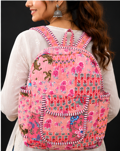 Handcrafted Cotton Patchwork Tote Bag – Quilted Peach Printed Backpack - kraafty-com