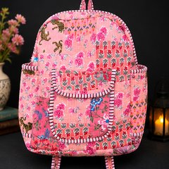 Handcrafted Cotton Patchwork Tote Bag – Quilted Peach Printed Backpack - kraafty-com